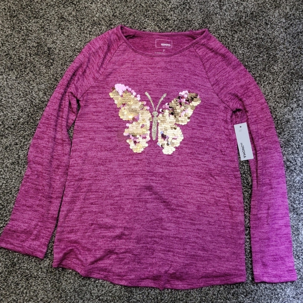 Sonoma Goods For Life Pink Butterfly Girls Longsleeve Raglan Snit Top Size 7